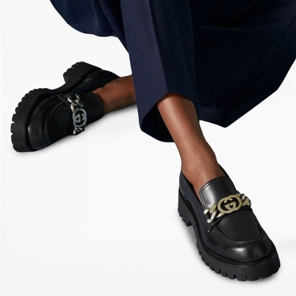 New authentic Gucci Interlocking G-chain leather loafers size 37.5 - Picture 1 of 10